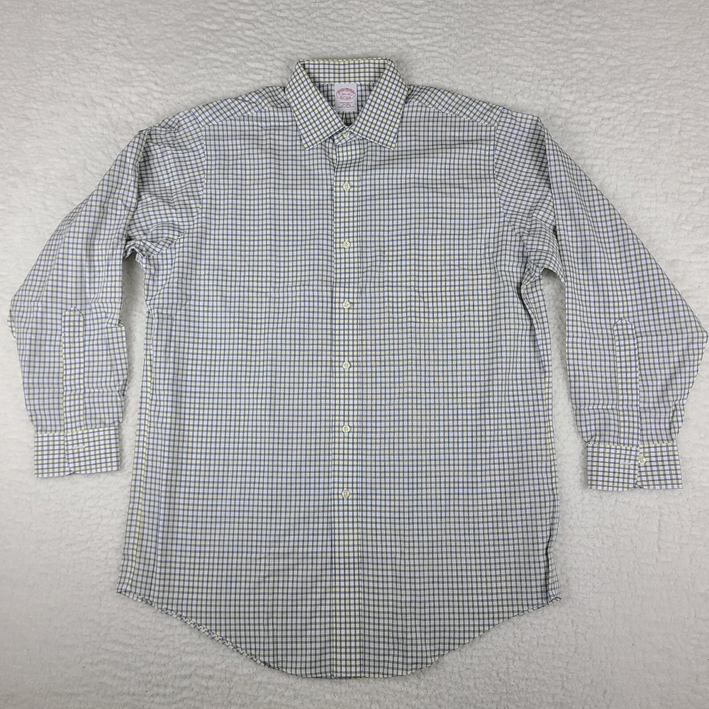 Brooks Brothers Dress Shirt Mens 15.5 - 32 Blue Yellow Traditional Fit Button Up